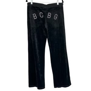 Y2K BCBGmaxazria Velour Rhinestone Logo Straight Leg Pants‎ Black Size Large